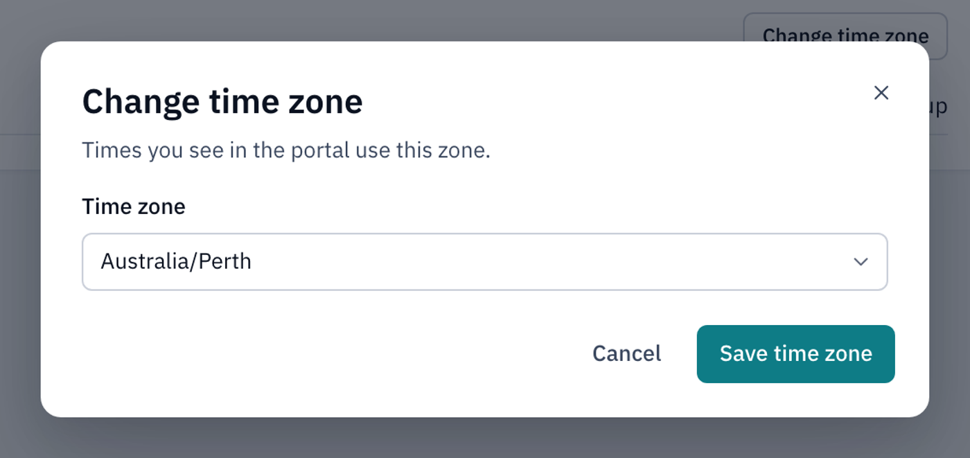 The Change time zone dialog with Australia/Perth chosen