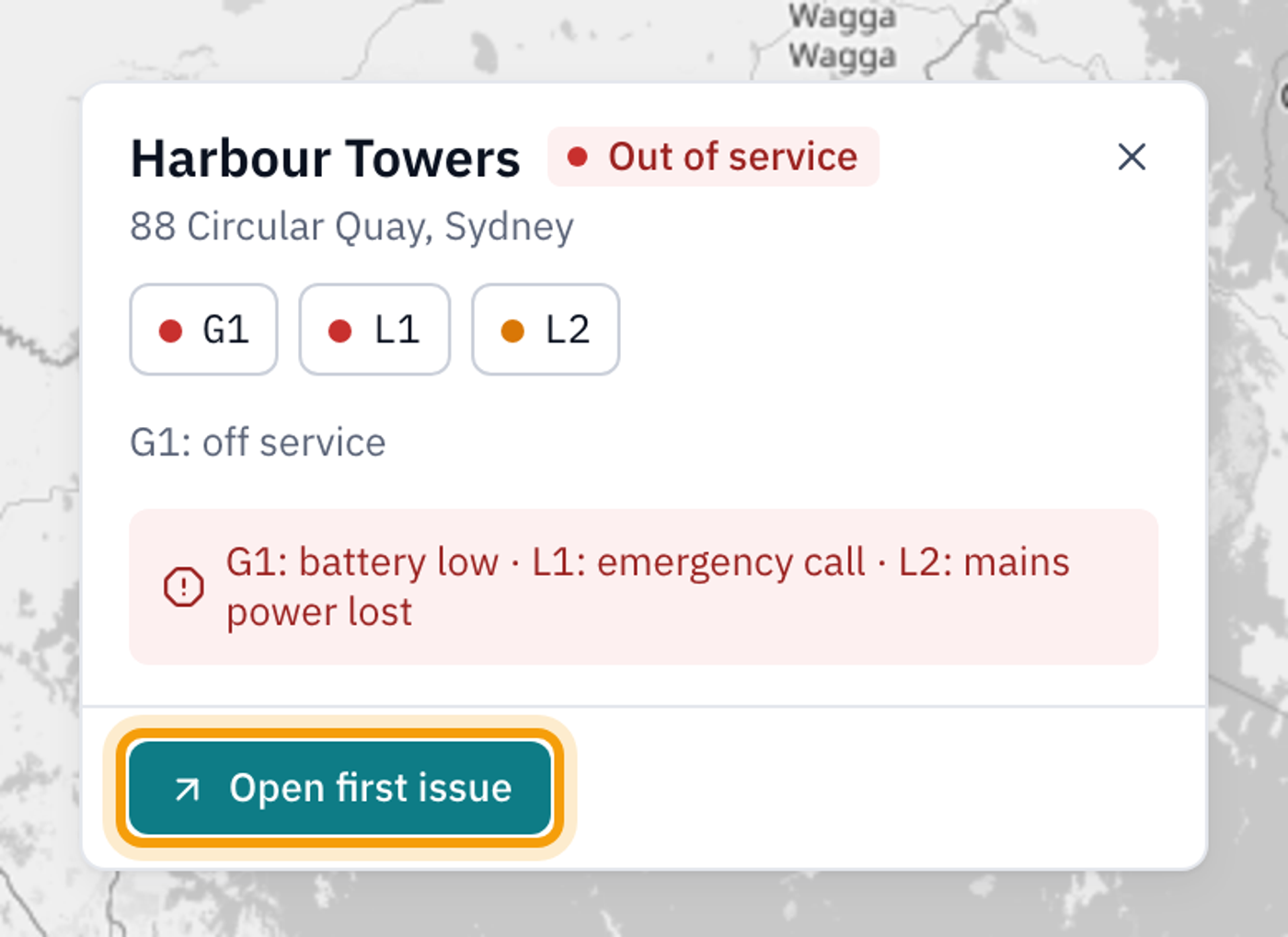 The details card for Harbour Towers, with the Open first issue button highlighted