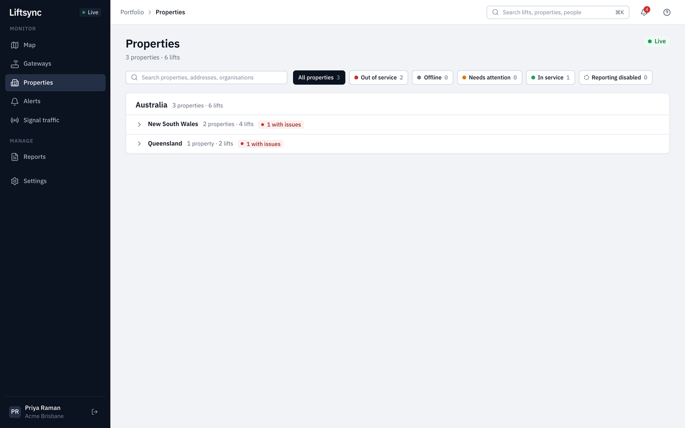 A LiftSync page with the sidebar on the left and the top bar above the page