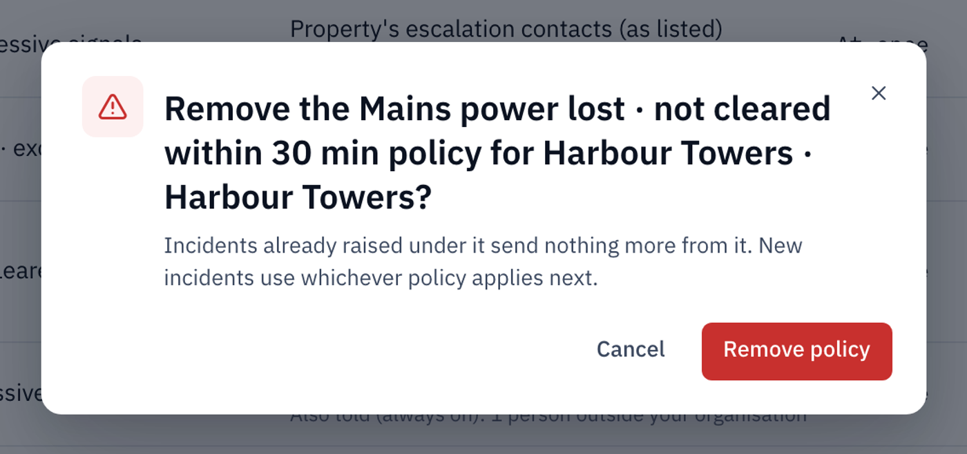 The window asking to confirm removing the Mains power lost policy for Harbour Towers