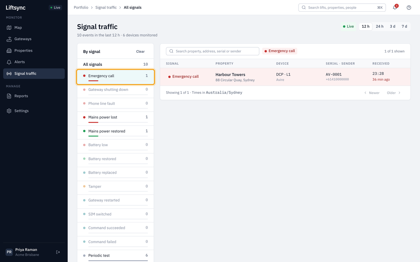 All signals filtered to show only emergency calls