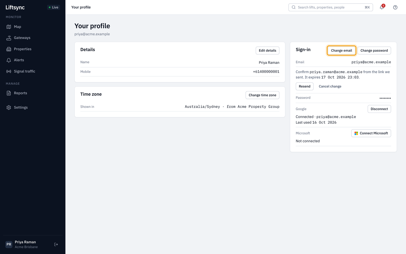 Your profile, with the Sign-in card showing the email address and a pending change to it, the password, a connected Google account and Microsoft not connected