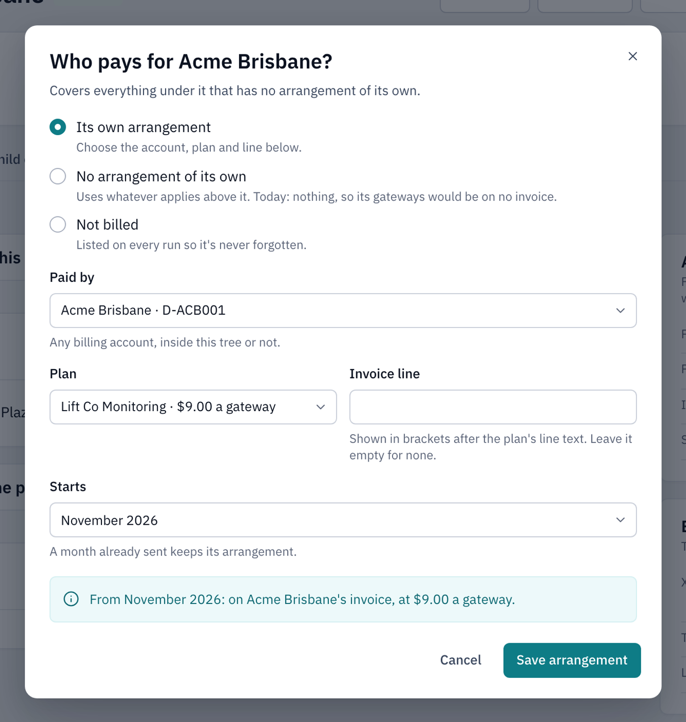 The Who pays for Acme Brisbane window with Its own arrangement chosen, Acme Brisbane paying on Lift Co Monitoring from November 2026