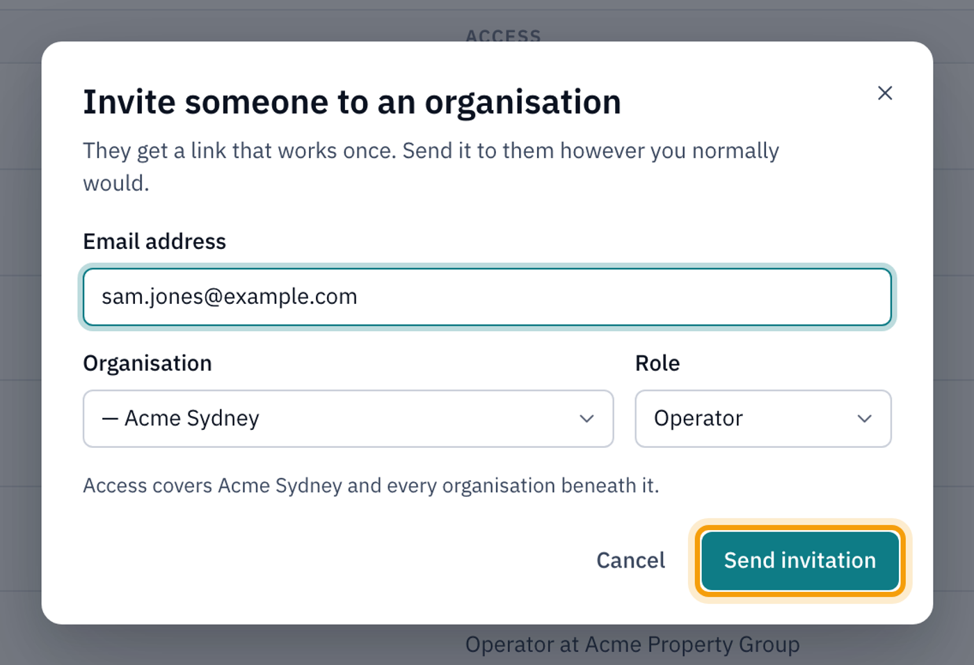 The Invite someone to an organisation dialog filled in for sam.jones@example.com as an Operator of Acme Sydney
