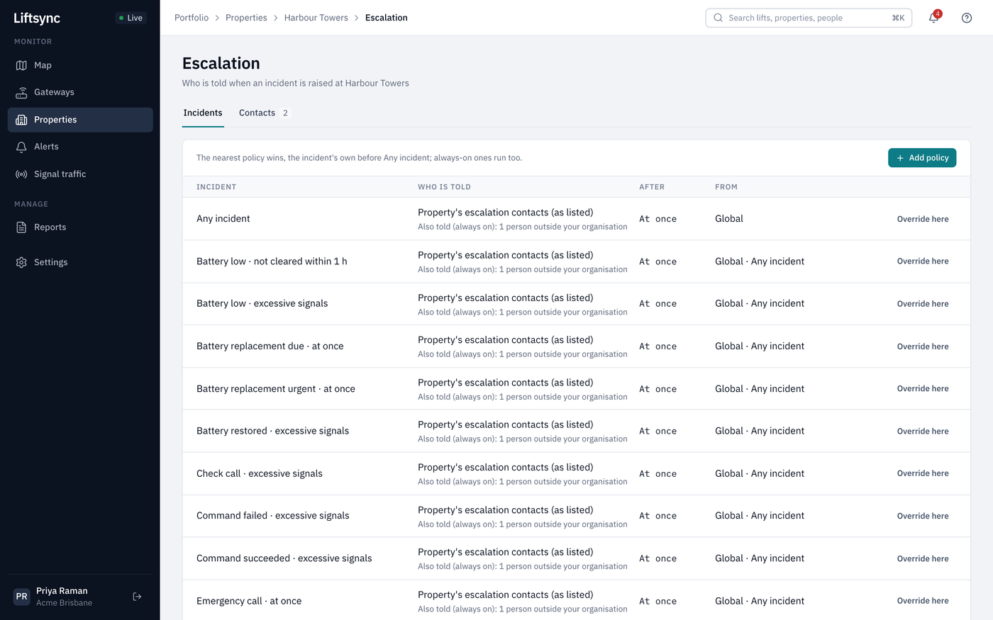 The Escalation page for Harbour Towers, showing who is told about each kind of alert