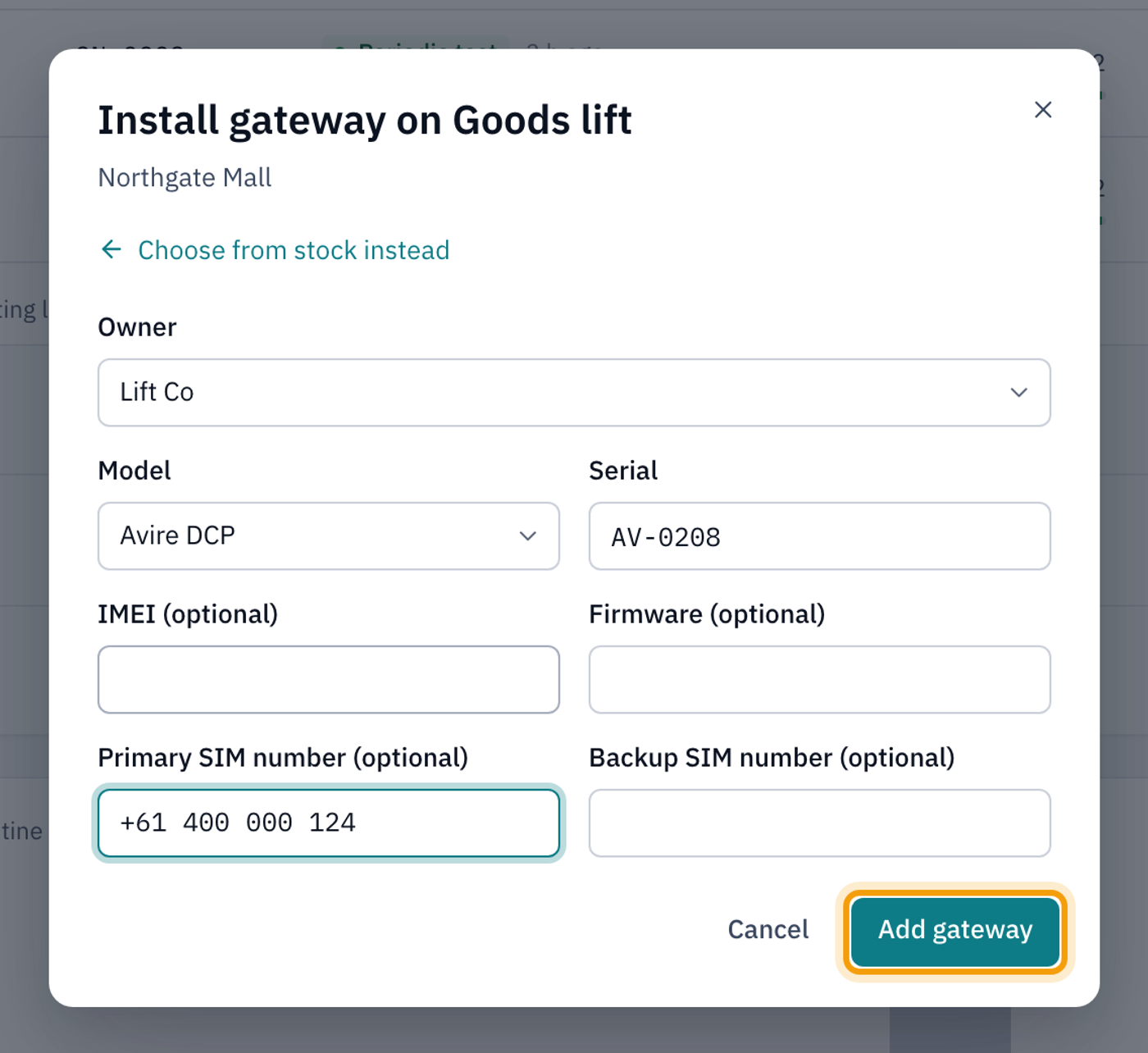 The Install gateway on Goods lift window with the new gateway form filled in for an Avire gateway, and the Add gateway button highlighted