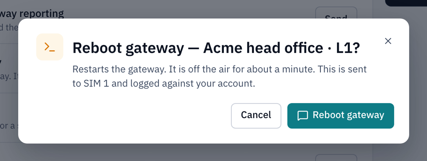 The confirmation for Reboot gateway at Acme head office L1, saying the gateway will be off the air for about a minute