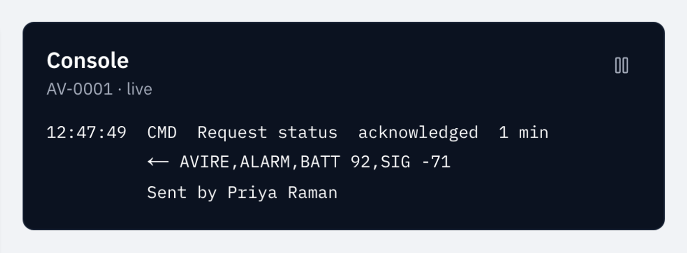 The Console for Harbour Towers L1, showing a status request that the gateway acknowledged, its reply and who sent it
