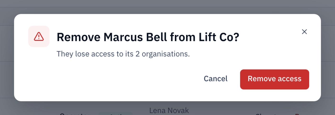 The Remove Marcus Bell from Lift Co dialog, saying they lose access to its two organisations