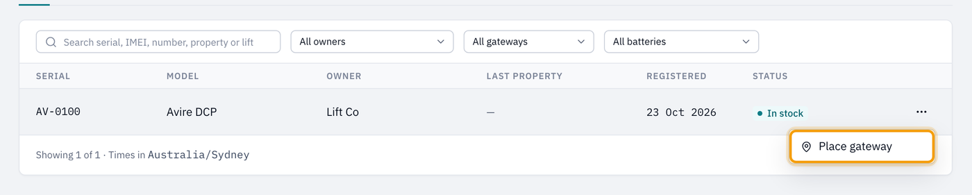 The Stock tab of the Gateways page, showing gateway AV-0100 owned by Lift Co with its menu open and Place gateway highlighted