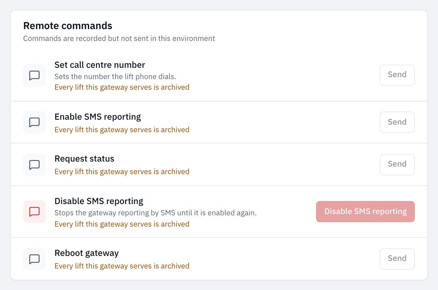The Remote commands list for a gateway whose only lift is archived, with every Send button greyed out and the reason Every lift this gateway serves is archived under each command