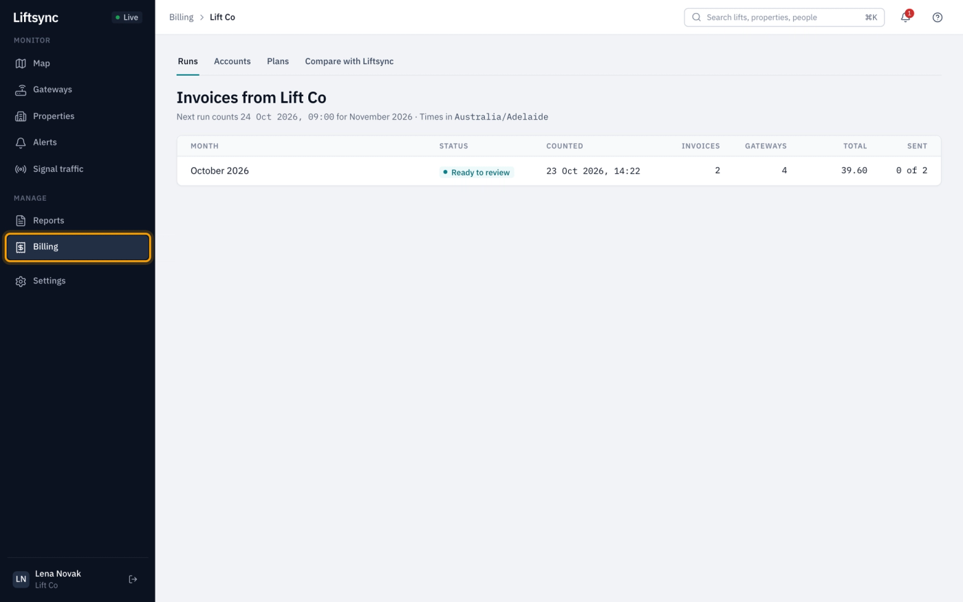 The Billing section for Lift Co, open on Runs, with Billing highlighted in the sidebar