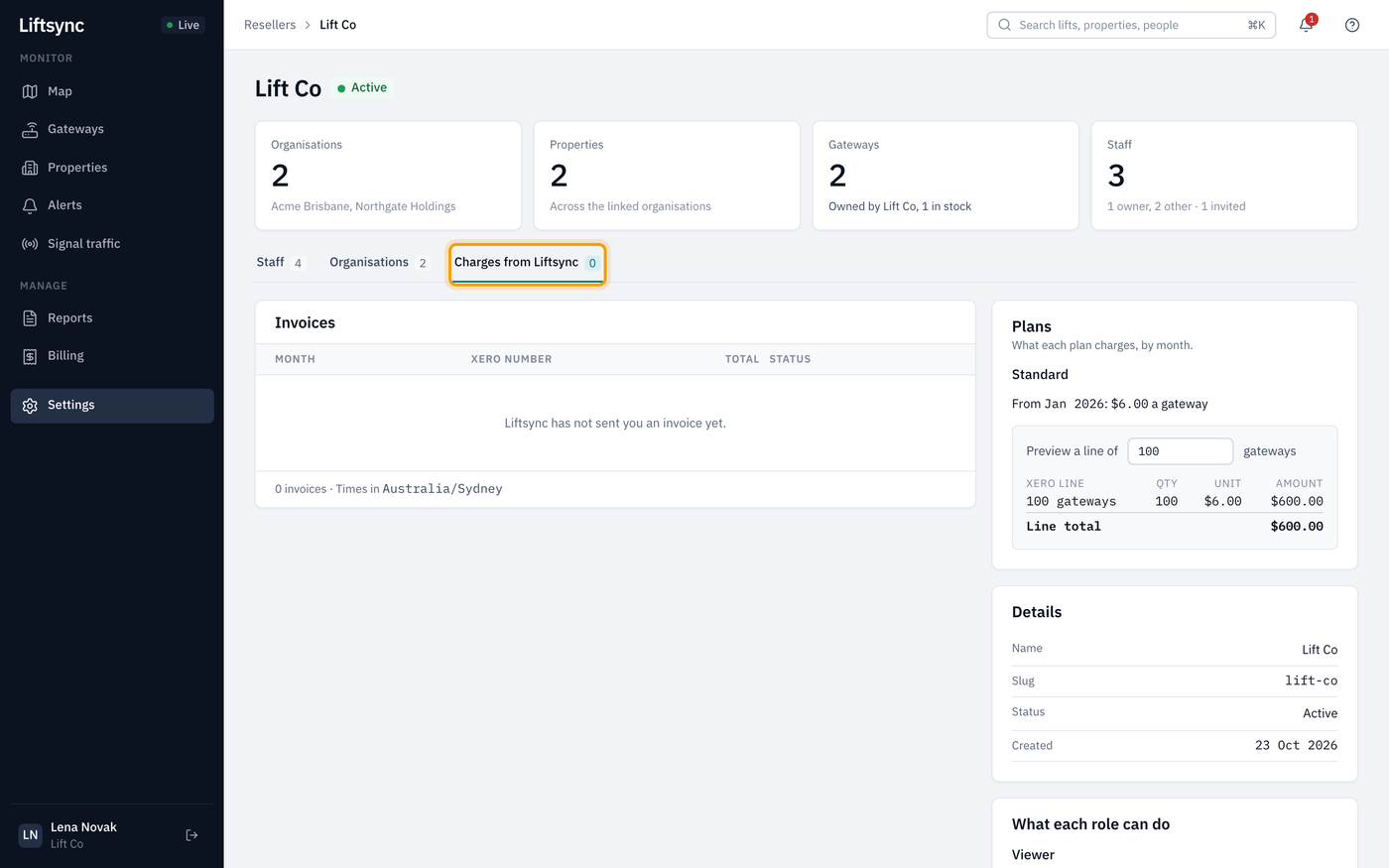 Lift Co's page on the Charges from Liftsync tab, with no invoices yet and LiftSync's Standard plan on the right