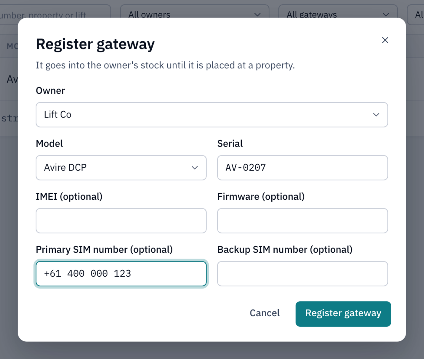 The Register gateway window filled in for a new Avire gateway owned by Lift Co