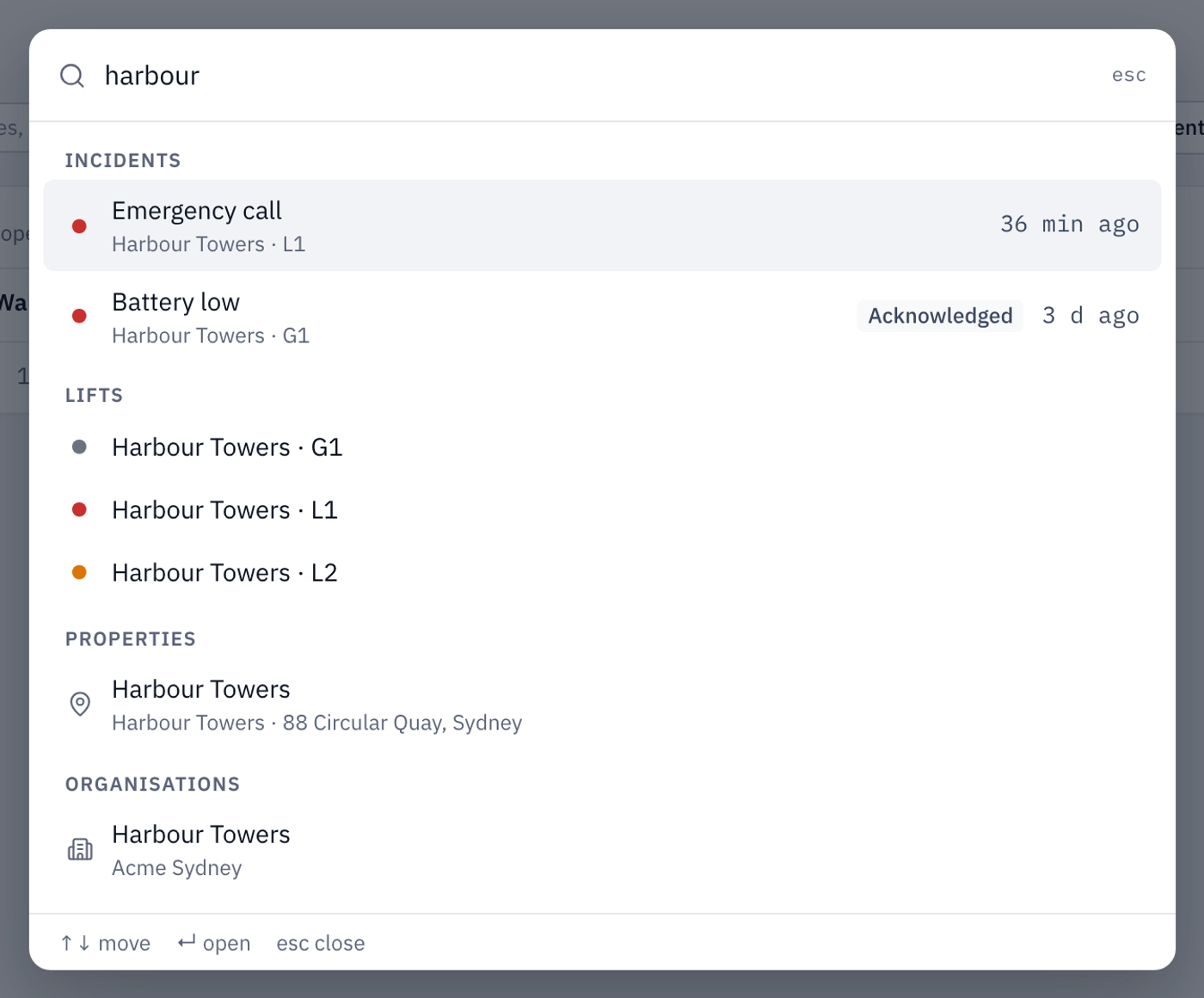Search results for "harbour", grouped into incidents, lifts, properties and organisations