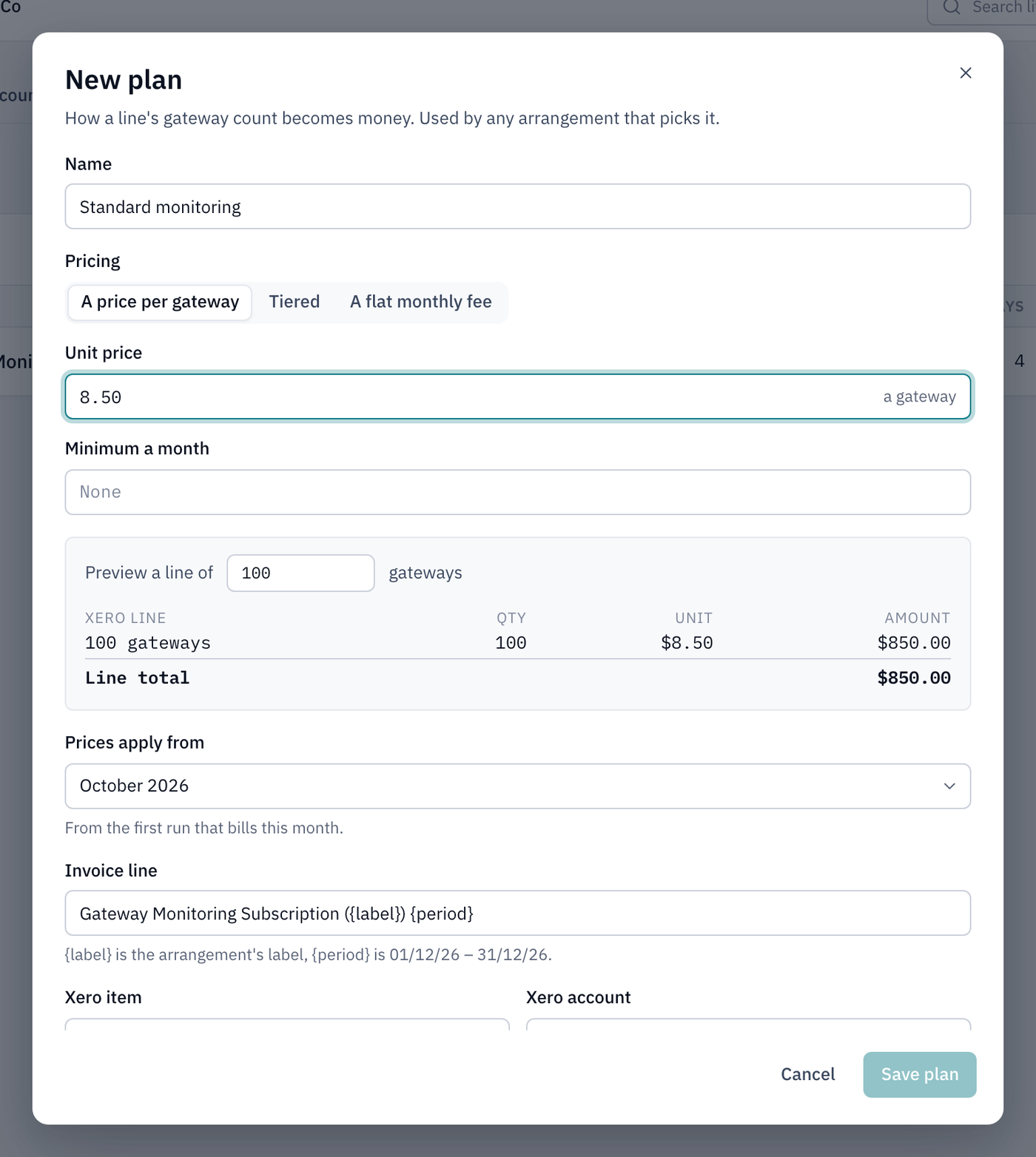 The New plan window with a name and a price per gateway filled in