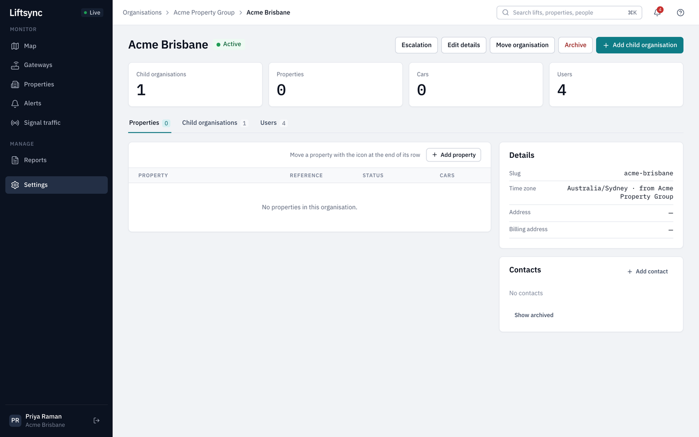 An organisation page for Acme Brisbane, with Escalation, Edit details, Move organisation, Archive and Add child organisation buttons, and Properties, Child organisations and Users tabs