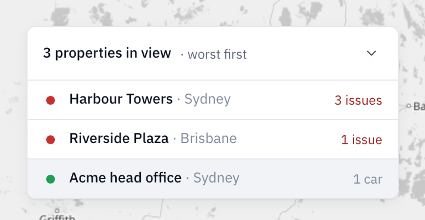 The list of properties in view, with Harbour Towers at the top