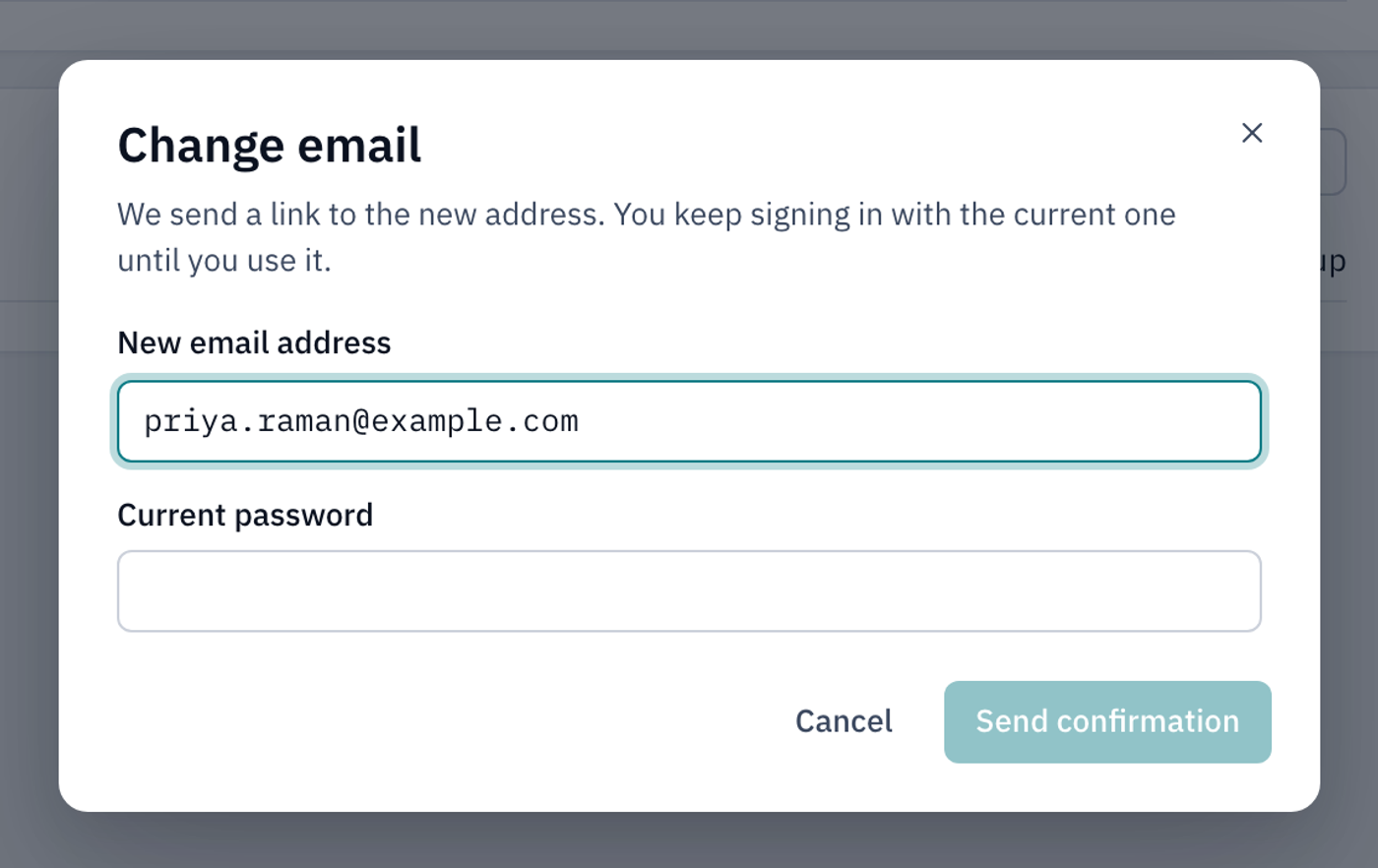 The Change email dialog with a new email address typed in