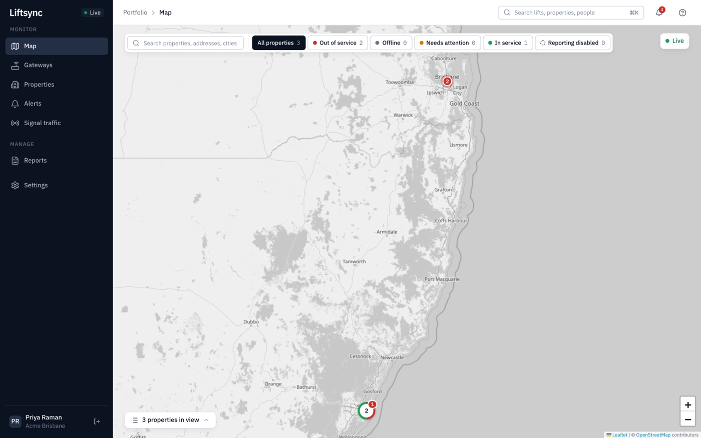 The map after signing in, showing properties as coloured pins