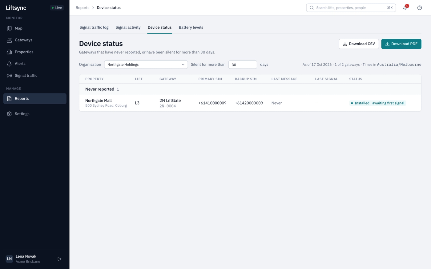 Device status listing a gateway that has never reported