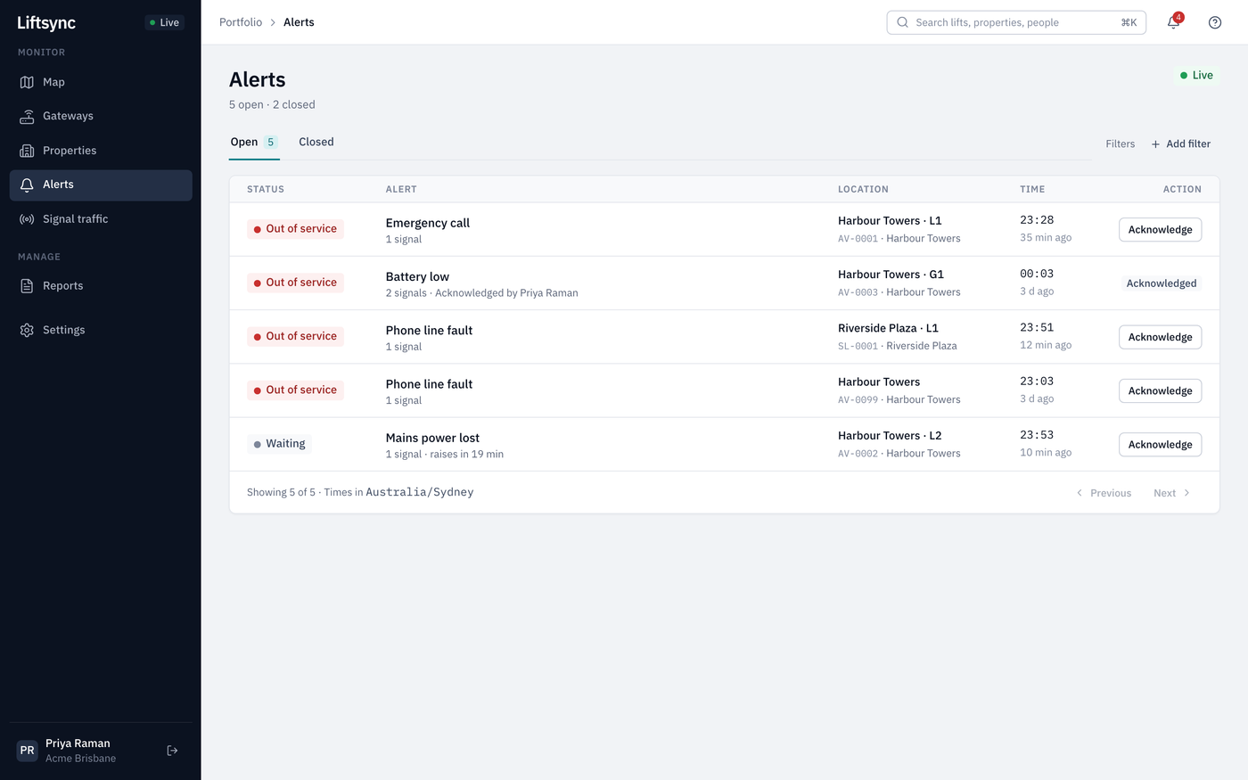The Alerts page showing open alerts