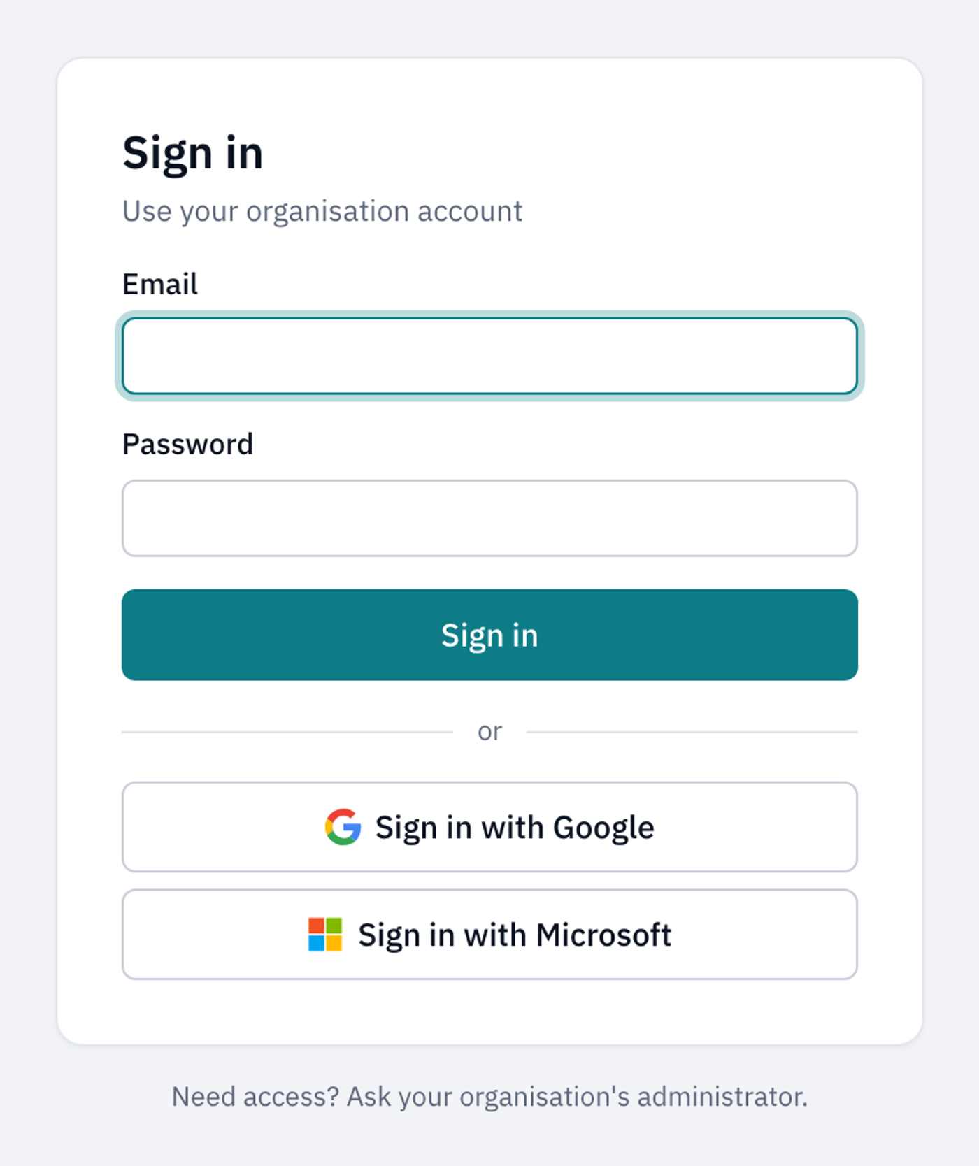 The Sign in page with Email and Password boxes and buttons for Google and Microsoft