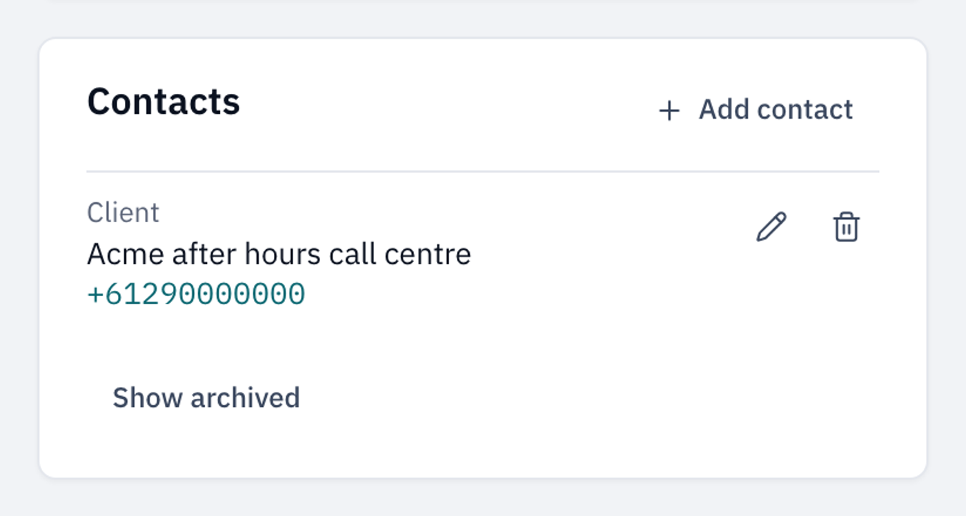The Contacts card on the Acme Property Group organisation page