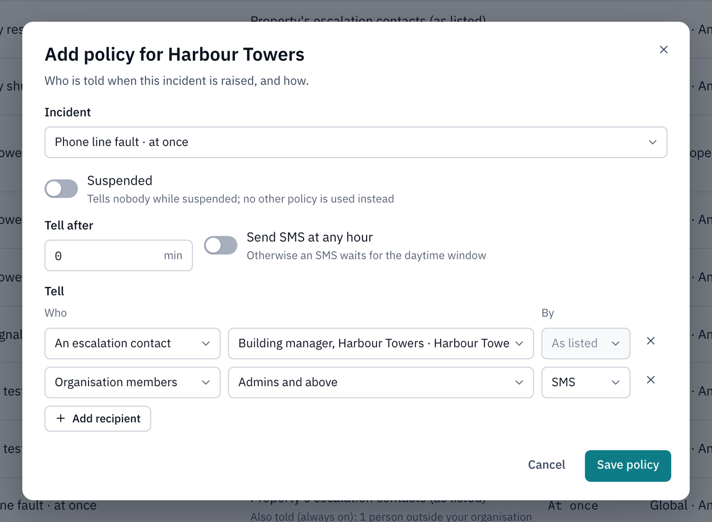 The Add policy window for Harbour Towers, telling the building manager and, by SMS, the organisation's admins about phone line faults