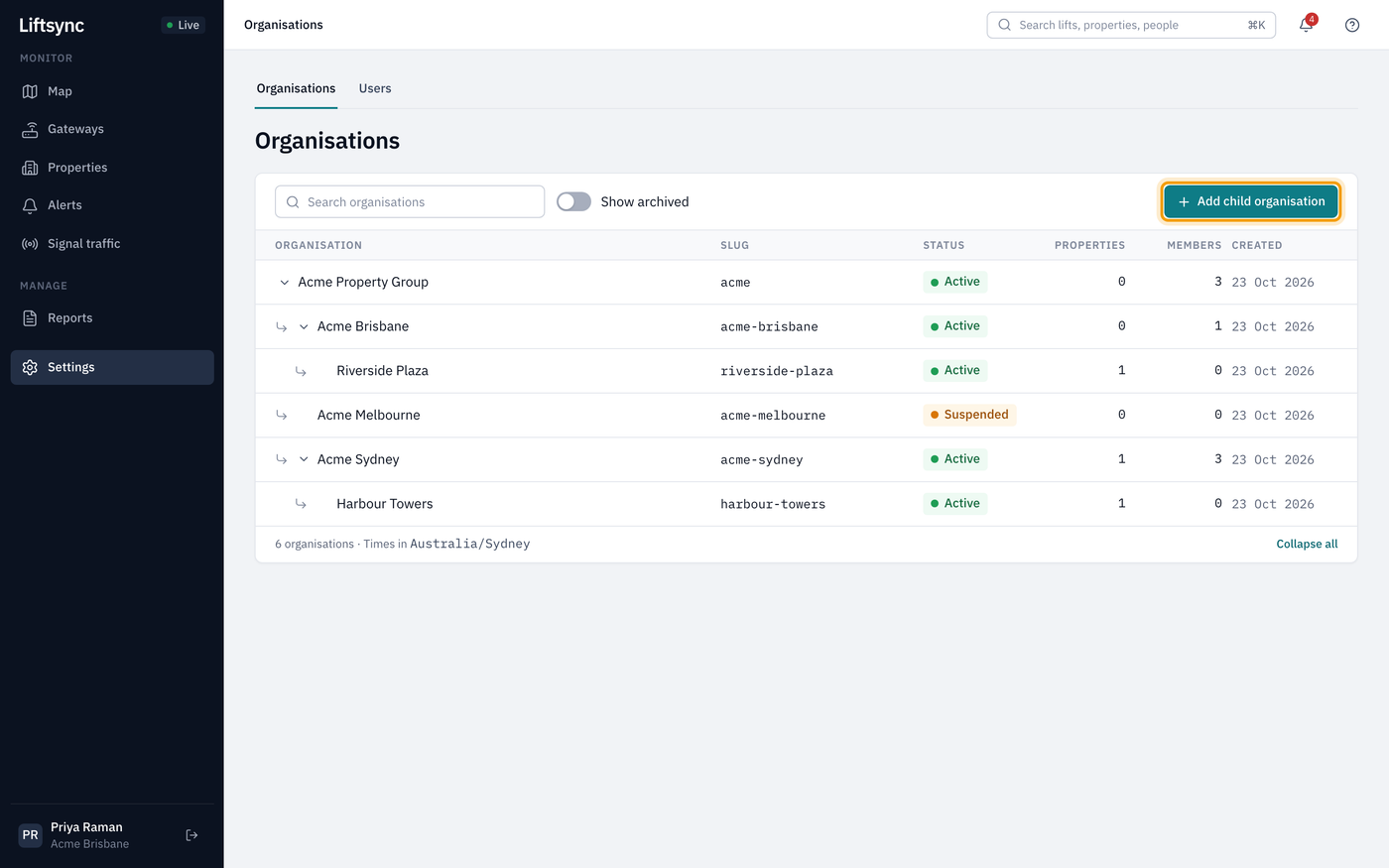 The Organisations page, showing Acme Property Group with its city and building organisations underneath, and the Add child organisation button highlighted
