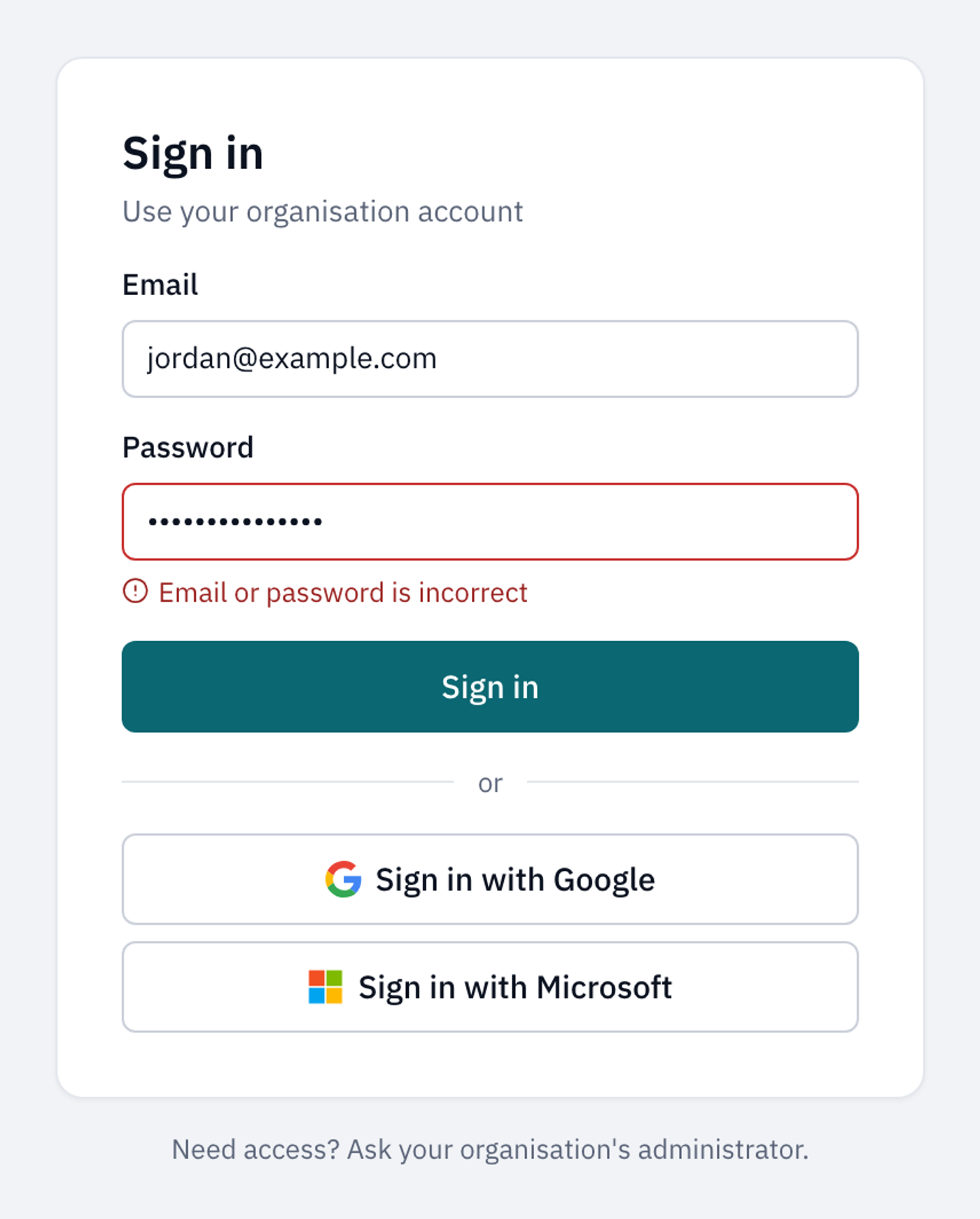 The Sign in page showing the message Email or password is incorrect