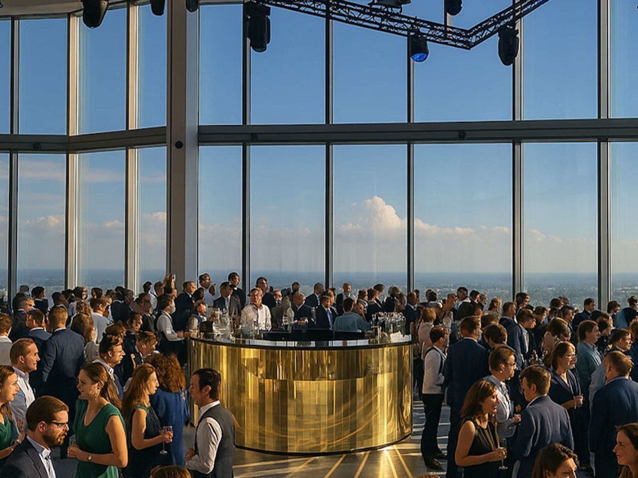 A group of people mingling together in the large event space at Horizon 22. In the middle of the room is a round bar with golden paneling on it. 