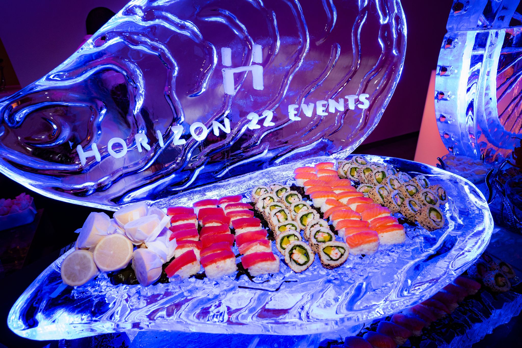 Buffet display of sushi and seafood