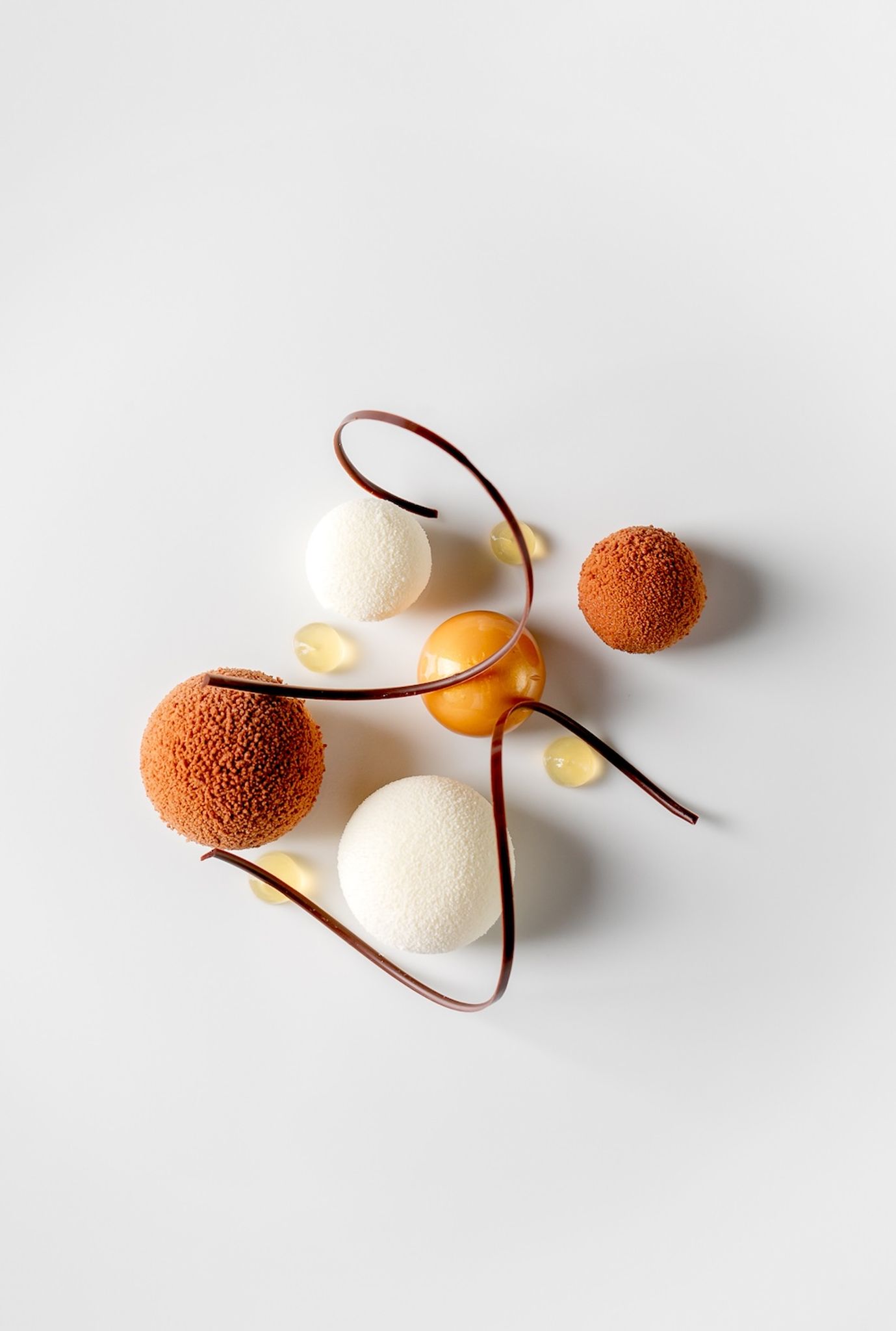 Artistic plated dessert featuring textured white and cocoa balls, curved dark chocolate ribbons and small fruit gel droplets on a white plate