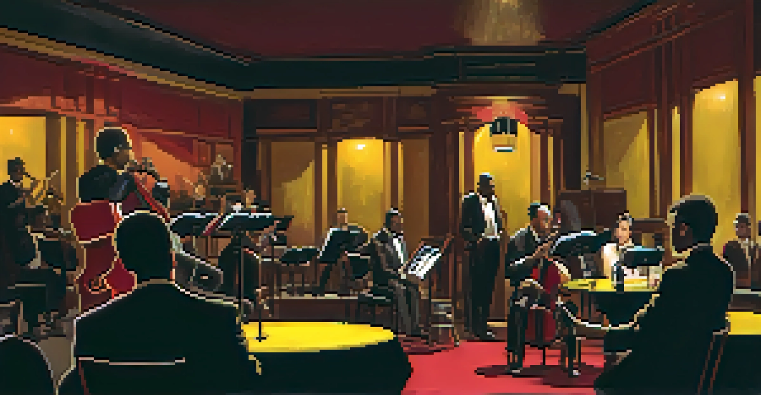 An intimate and dimly lit jazz club with musicians performing on stage while an engaged audience watches.