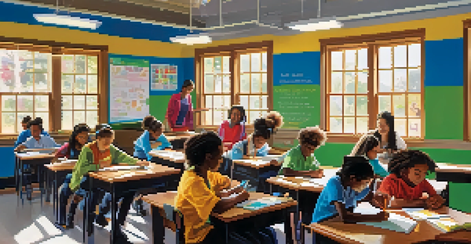 A lively classroom in Louisiana with diverse students working together on a science project under the guidance of a teacher, surrounded by colorful educational materials and sunlight.