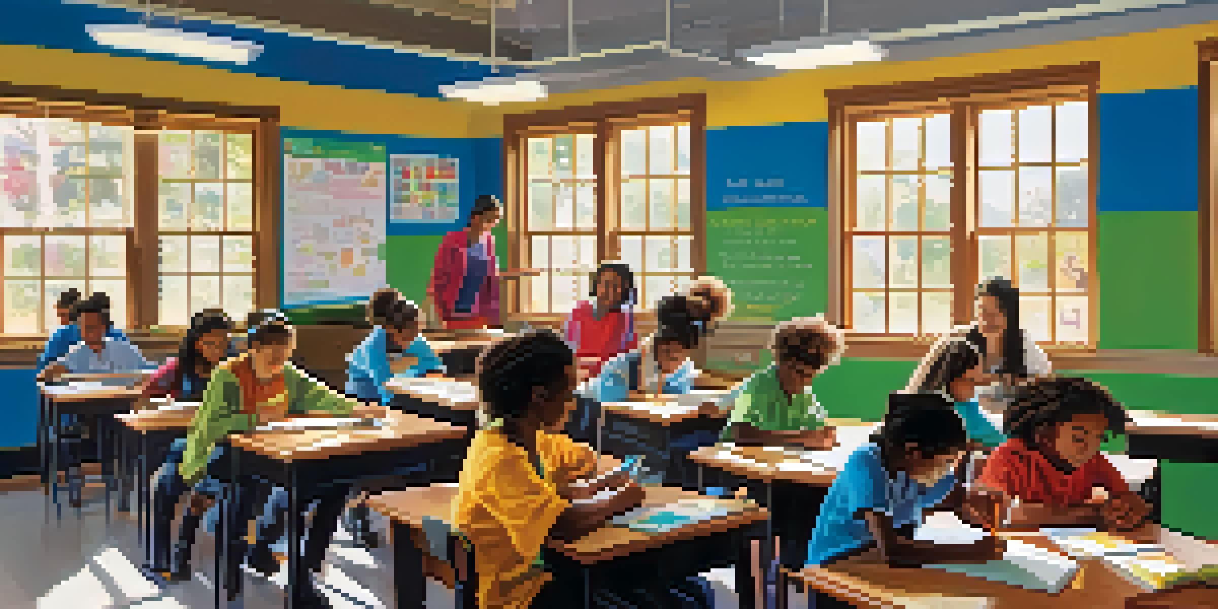 A lively classroom in Louisiana with diverse students working together on a science project under the guidance of a teacher, surrounded by colorful educational materials and sunlight.