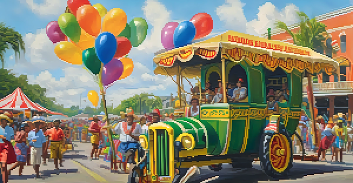 A festive parade at the Louisiana Sugar Cane Festival with colorful floats and people in traditional clothing celebrating under the sun.