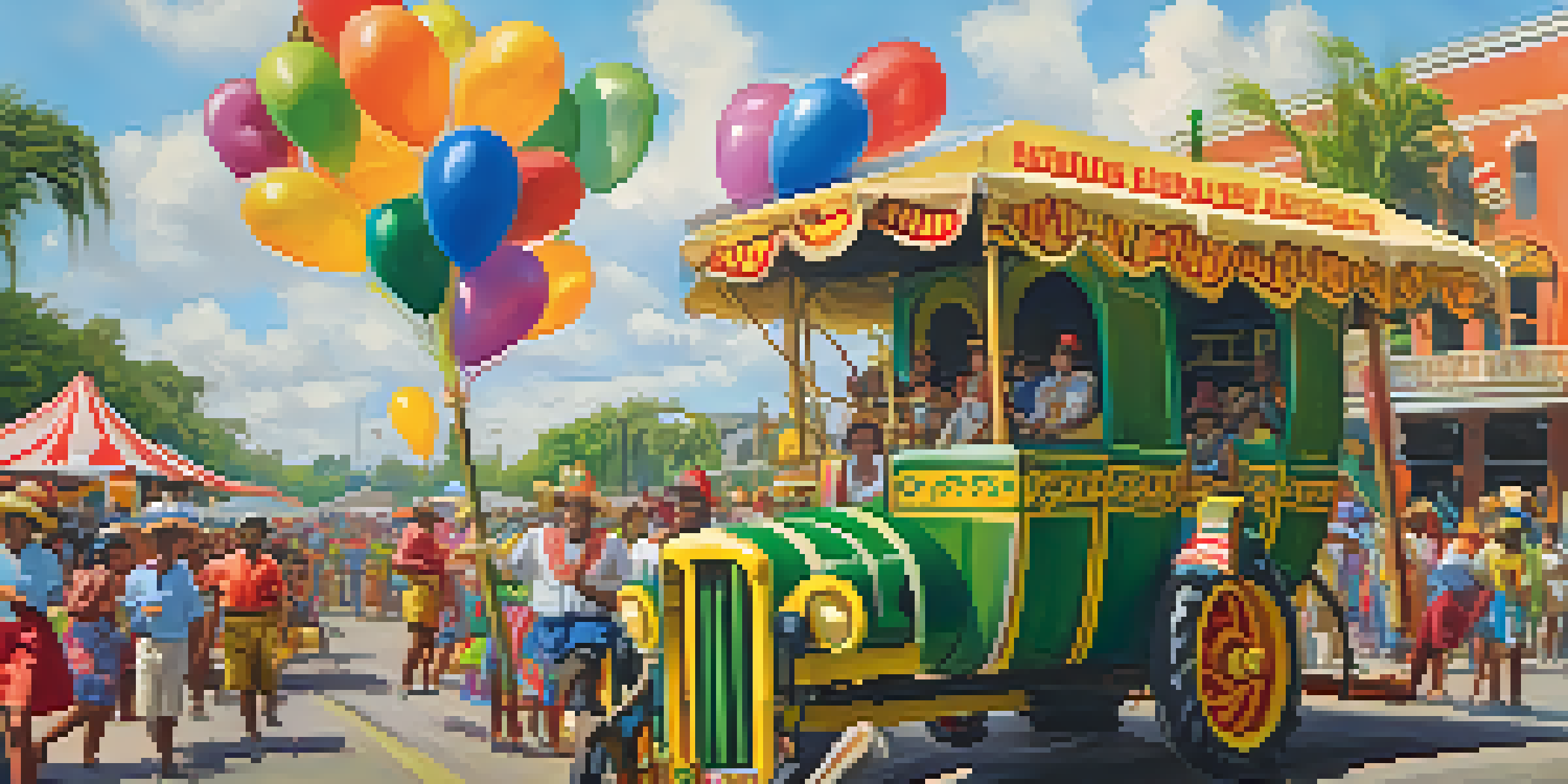 A festive parade at the Louisiana Sugar Cane Festival with colorful floats and people in traditional clothing celebrating under the sun.