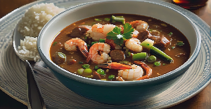 A bowl of gumbo with shrimp and sausage, garnished with parsley and served with rice, on a wooden table with a colorful napkin and iced tea.