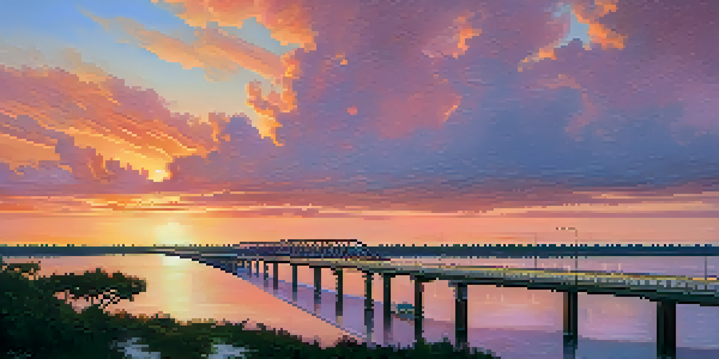 A scenic view of Louisiana's coastal landscape with a sunset over the Gulf of Mexico, highlighting elevated roads and bridges amidst lush greenery.