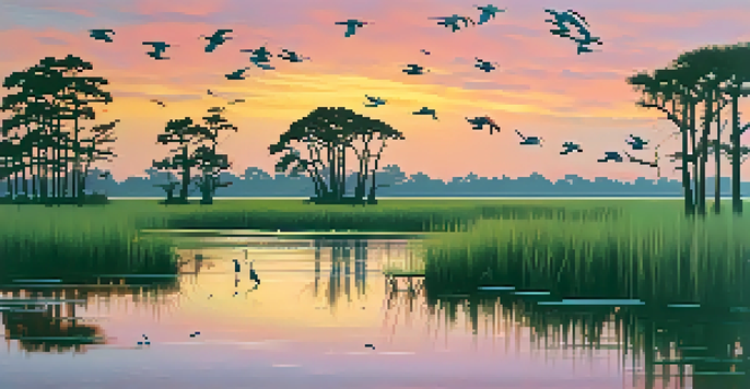 A picturesque sunset over Louisiana's marshes, with cypress trees and flying herons, showcasing vibrant colors and rich vegetation.