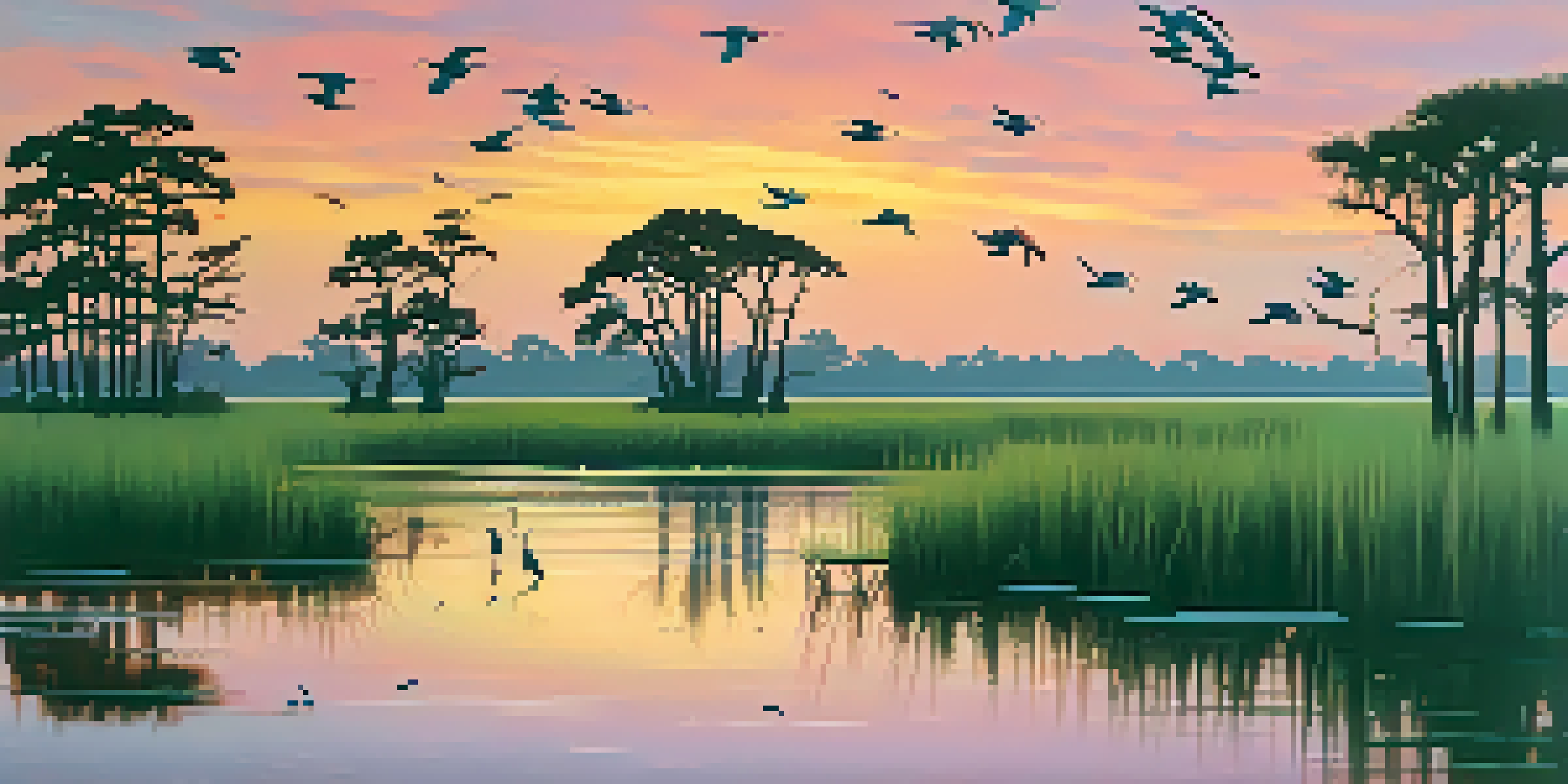 A picturesque sunset over Louisiana's marshes, with cypress trees and flying herons, showcasing vibrant colors and rich vegetation.