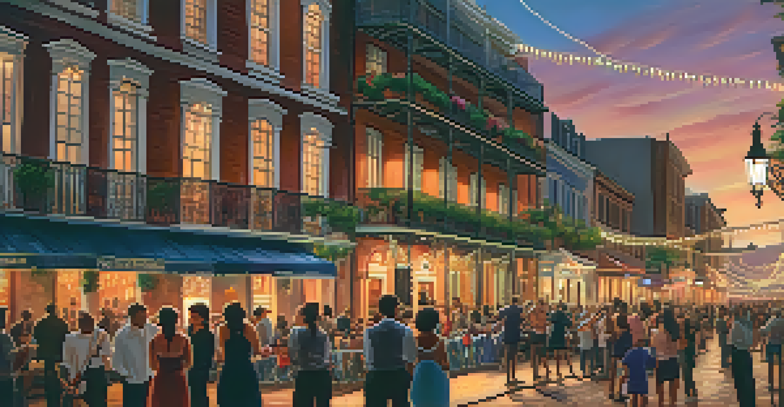 A sunset view of the French Quarter during a festival, featuring musicians and a crowd, with warm lighting and historic buildings.