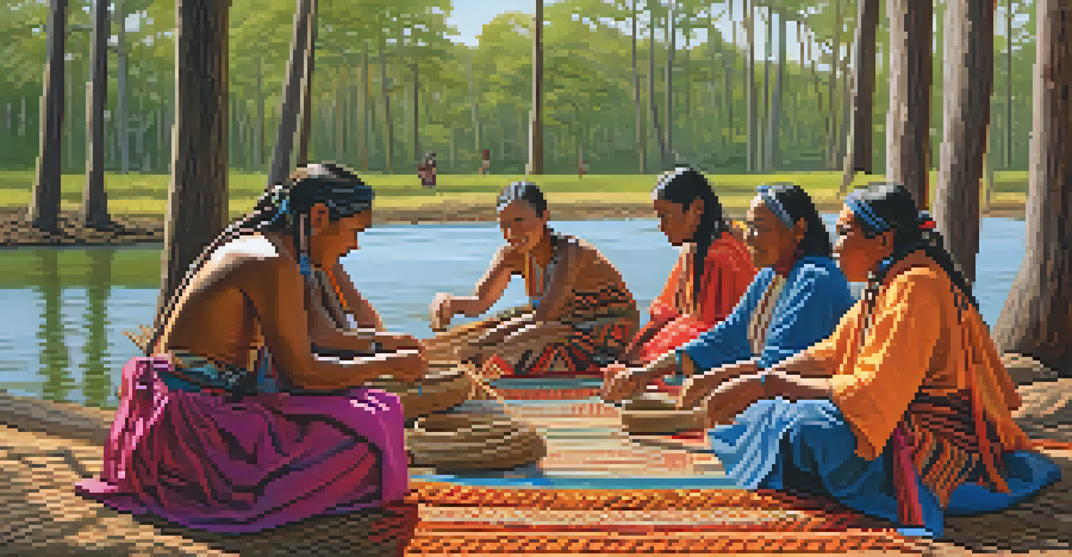 Tunica tribe members weaving together outdoors with cypress trees in the background.
