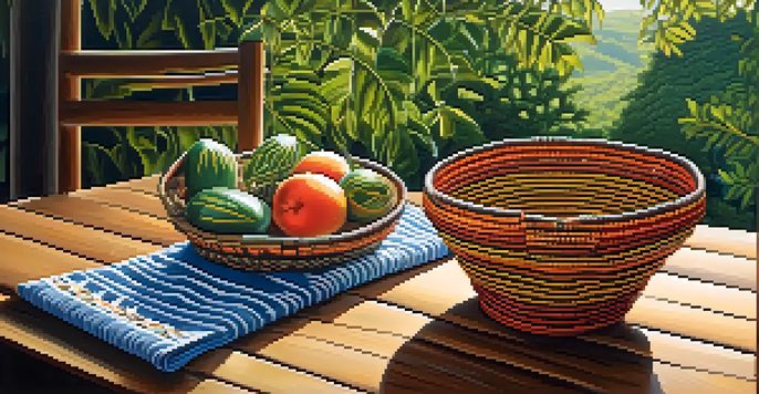A traditional Chitimacha basket on a table in a lush green setting with sunlight filtering through the leaves.