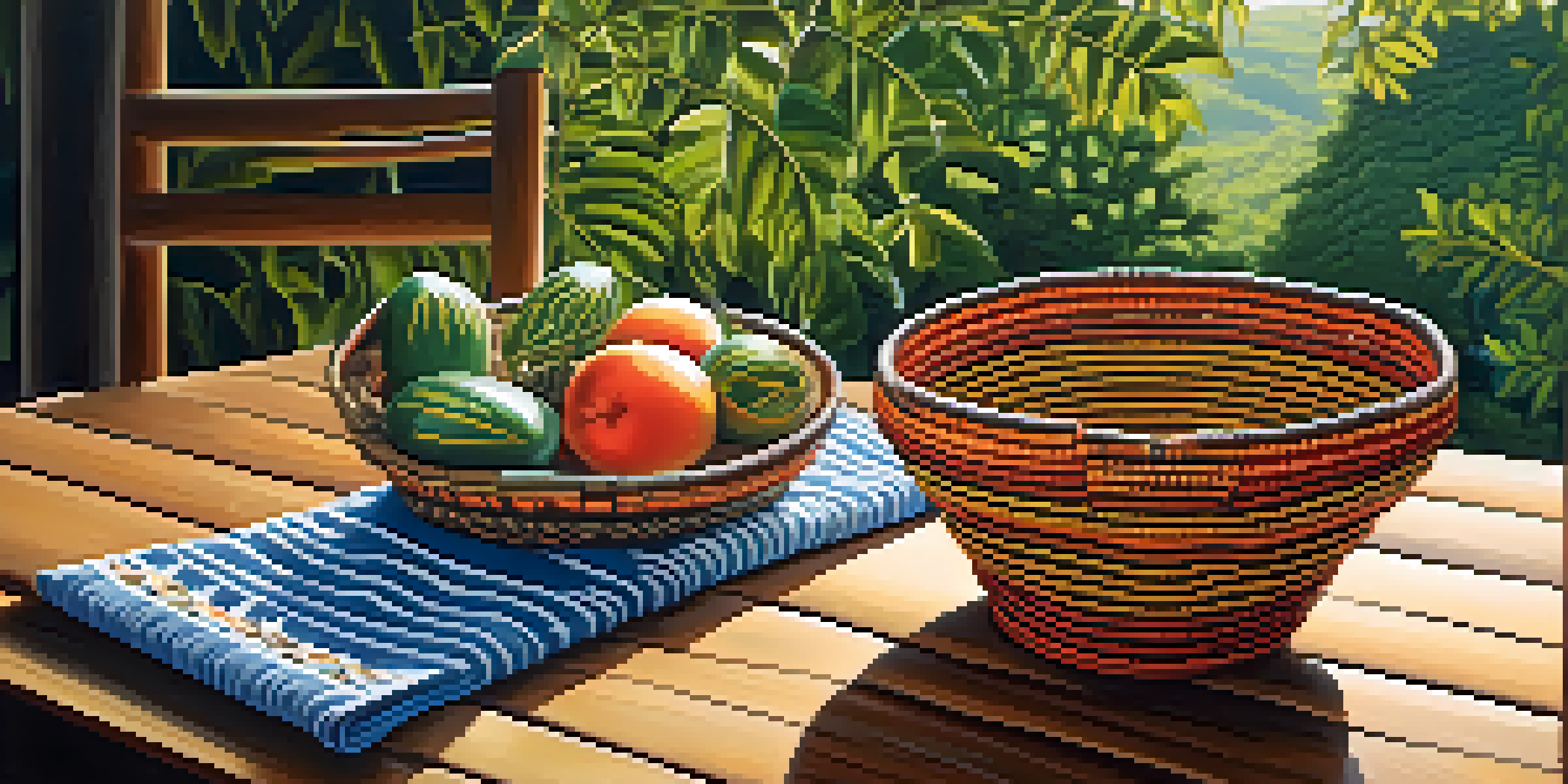 A traditional Chitimacha basket on a table in a lush green setting with sunlight filtering through the leaves.