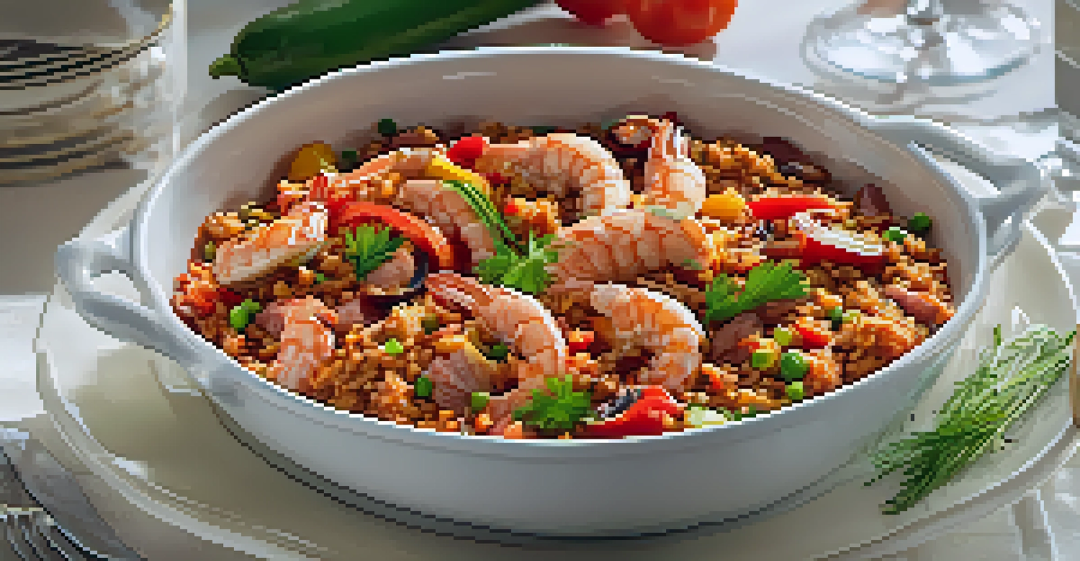 A dish of Creole jambalaya with colorful ingredients, elegantly presented on a dining table with candlelight.
