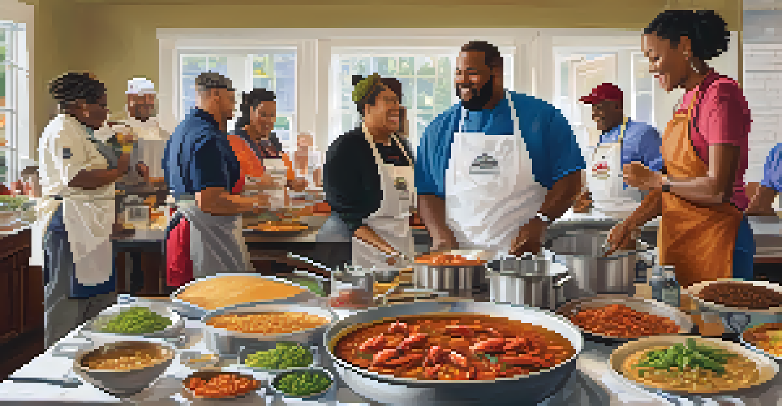 A culinary workshop with chefs teaching the preparation of traditional Louisiana dishes, filled with colorful ingredients and engaged participants.