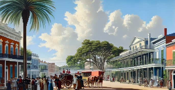 A historic view of New Orleans in the early 18th century, featuring colonial architecture and people in period clothing.